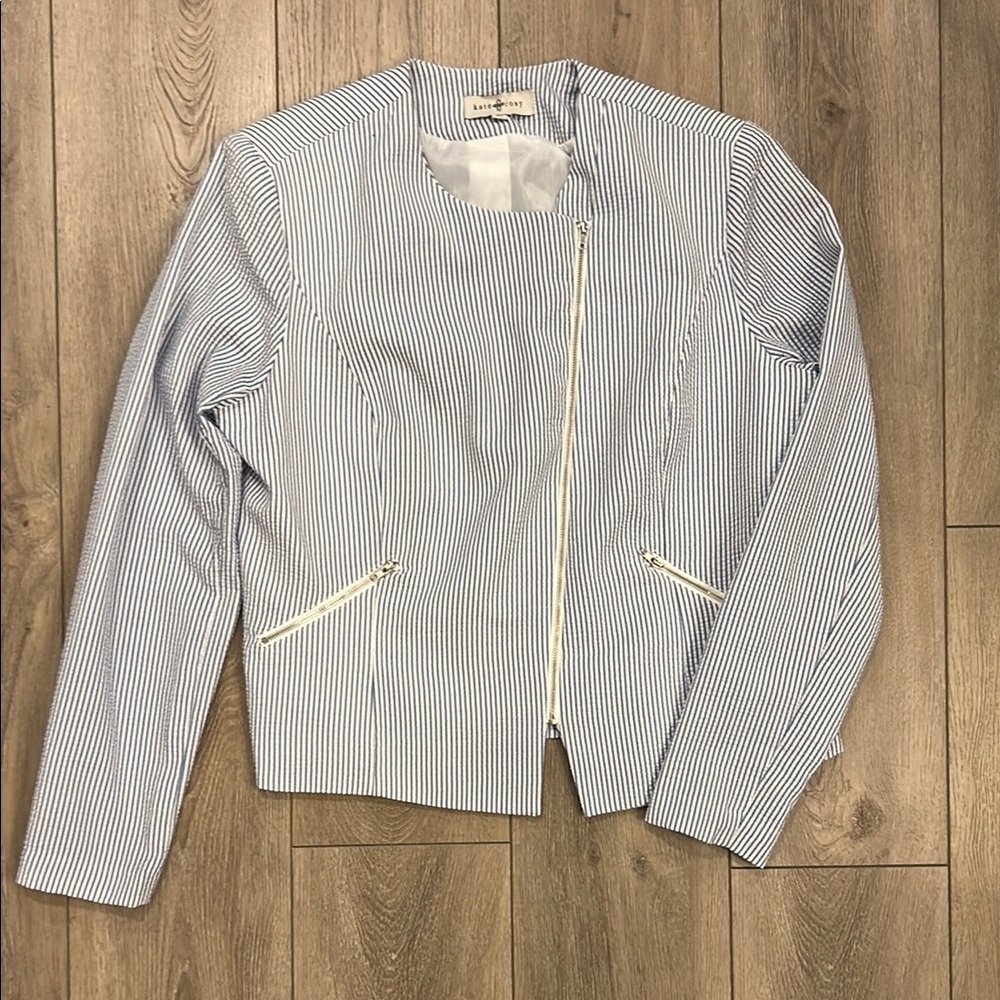 Kate Rosy Seersucker Striped lightweight Moto Cut Jacket - fun take! Large EUC - Picture 2 of 6